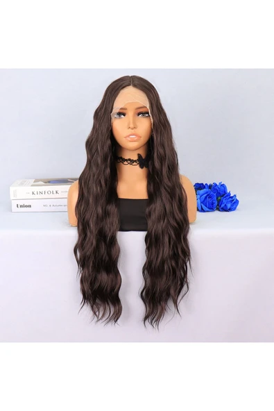 KUZGUN ONLİNE SHOP Koyu Kumral Dalgalı Uzun Boy Tül Peruk
