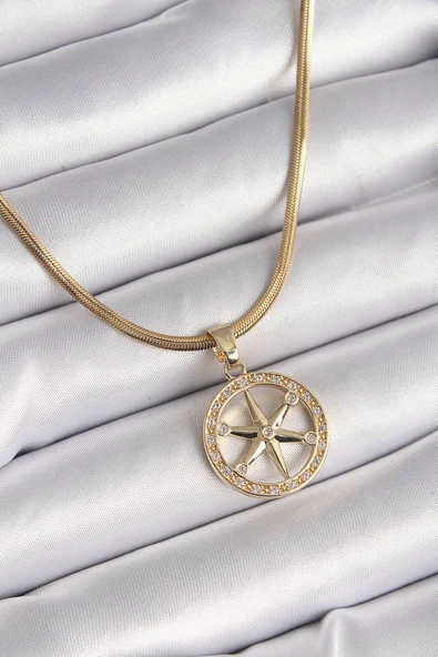 KUZGUN ONLİNE SHOP 316L Çelik Gold Renk İtalyan Zincir Zirkon Taşlı Kutup Yıldız Model Kadın Kolye