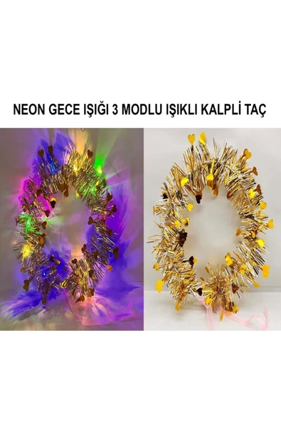 TOPTAN BULURUM Nessiworld Kalp Püsküllü Gece Parıltısı 3 Modlu Led'li Işıklı Taç Altın Renk