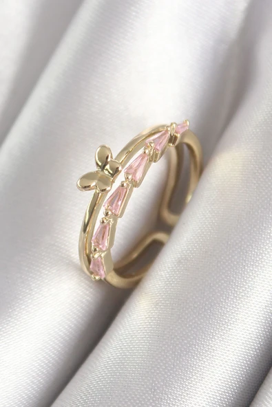 KUZGUN ONLİNE SHOP Pirinç Gold Renk Zirkon Taşlı Kelebek Figür Kadın Yüzük - Lisinya - 1