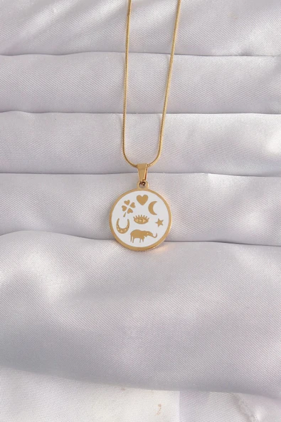 KUZGUN ONLİNE SHOP 316L Çelik Gold Renk Beyaz Mineli Karışık Figürlü Tarot Kolye - Lisinya