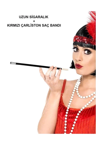 BASİC FUN 192039ler 199039lar Gatsby Kadın Aksesuar Seti – Kırmızı Charleston Saç Bandı Ve Lık