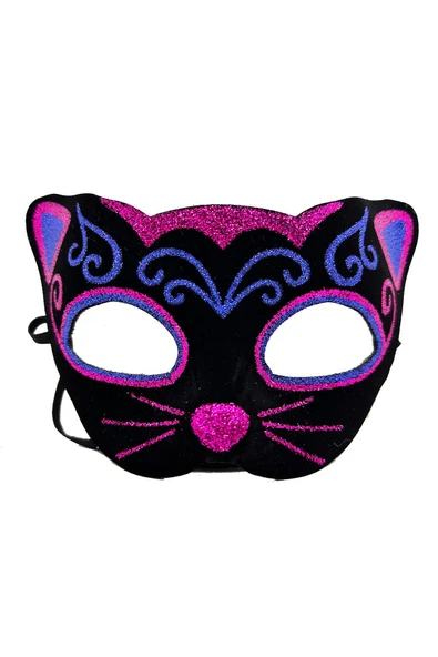 KUZGUN ONLİNE SHOP Siyah Kadife Kaplama Üzeri Pembe Mavi Sim İşlemeli Kedi Maskesi 20x13 cm (4767) - Lisinya