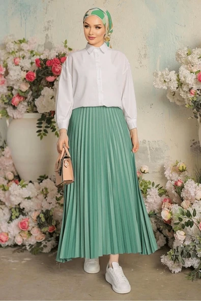 KUZGUN ONLİNE SHOP Zarif Ve Modern Pileli Parlak Krep Gizli Lastikli Mint Etek ( Lisinya )