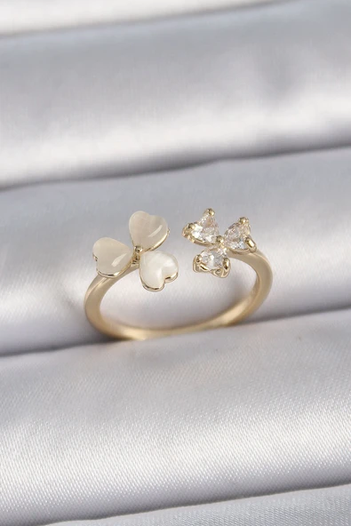 KUZGUN ONLİNE SHOP Pirinç Gold Renk Ayarlanabilir Zirkon Taşlı Kalp Beyaz Mineli Model Kadın Yüzük - Lisinya - 1