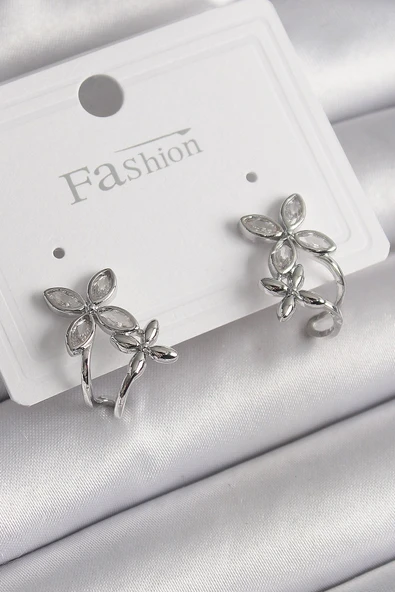 KUZGUN ONLİNE SHOP Pirinç Gümüş Renk Zirkon Taşlı 2'Li Çiçek Model Kadın Küpe - Lisinya