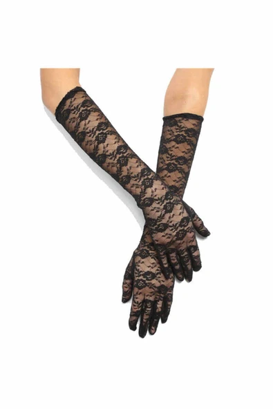 KUZGUN ONLİNE SHOP Siyah Renk Orta Boy Dantelli Eldiven Uzun Model