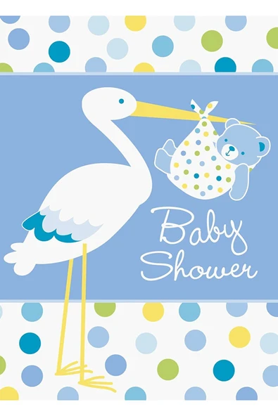 KUZGUN ONLİNE SHOP Baby Boy Stork Temalı Mavi Renk Baby Shower Davetiye 8 Adet (4767) - Lisinya