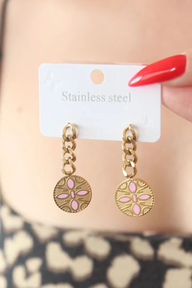 KUZGUN ONLİNE SHOP 316L Çelik Gold Renk Sallantı Çiçek Model İşleme Detay Kadın Küpe - Lisinya