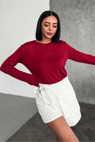 KUZGUN ONLİNE SHOP Rahat Ve Şık Uzun Kollu Bisiklet Yaka Likralı Viskon Penye Body Bordo ( Lisinya )
