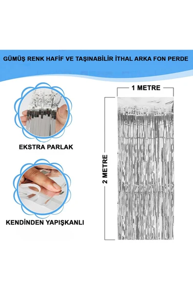KUZGUN ONLİNE SHOP Gümüş Renk Ekstra Metalize Parlak Saçaklı Arka Fon Perde İthal A Kalite 1x2 Metre (4767) - Lisinya