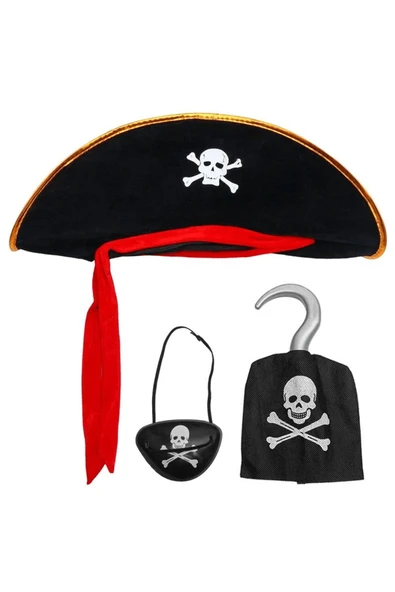 KUZGUN ONLİNE SHOP Kadife Kaptan Jack Korsan Şapkası Korsan Eli Ve Korsan Göz Maskesi Çocuk Boy - Lisinya