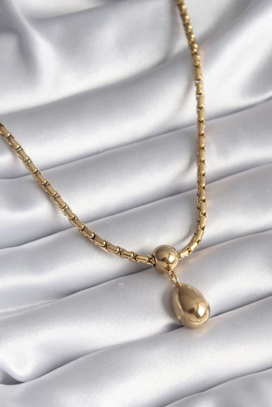 KUZGUN ONLİNE SHOP 316L Çelik Gold Renk Yılan Sırtı Zincir Model Damla Sallantı Kadın Kolye - Lisinya