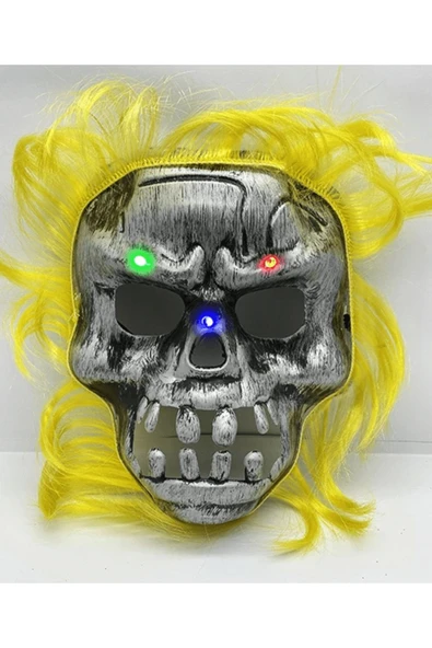 KUZGUN ONLİNE SHOP Sarı Saçlı Led Işıklı Kuru Kafa İskelet Korku Maskesi 22x25 Cm - Lisinya