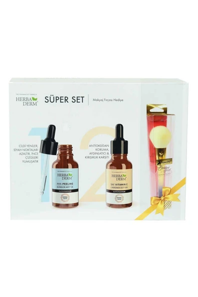 KUZGUN ONLİNE SHOP Süper Set Superserum Aha-Peeling 30 ML + Saf Vitamin C 30 ML + Hediye Makyaj Fırçası