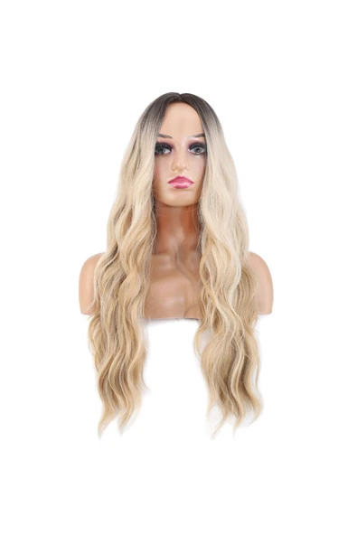 KUZGUN ONLİNE SHOP Uzun Su Dalgası Fiber Sentetik Peruk / Kumral / Bal Köpüğü Ombre ve Platin Röfleli