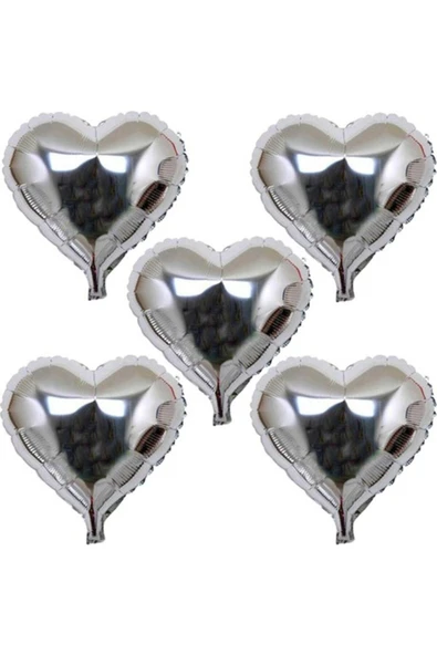 KUZGUN ONLİNE SHOP Kalp Şekilli Gümüş Renk Folyo Balon 45 cm 5 Adet (4767) - Lisinya