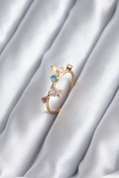 KUZGUN ONLİNE SHOP Gold Renk Renkli Zirkon Taşlı Kadın Yüzük - Lisinya