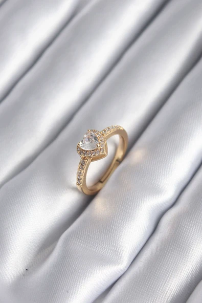 KUZGUN ONLİNE SHOP Pirinç Gold Renk Zirkon Taşlı Kalp Charm Model Kadın Yüzük - Lisinya