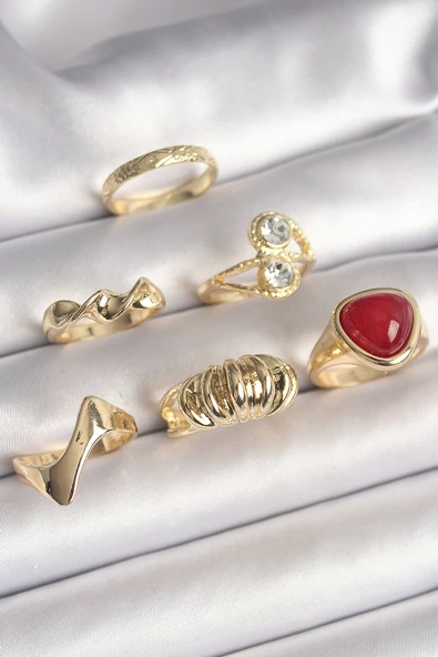 KUZGUN ONLİNE SHOP Pirinç Gold Renk Sarmal Modl Zirkon Taşlı Sarmal Detay 6'Lı Kadın Yüzük Seti - Lisinya