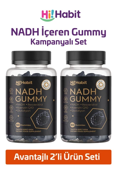 Hİ HABİT NADH Gummy (2'li Set) Q10, Resveratrol, Glutatyon İçeren Anti-Aging Takviye Edici Gıda Vegan Gummies