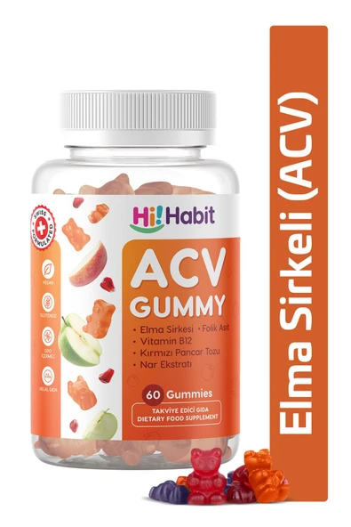 Hİ HABİT Elma Sirkeli Gummy Folik Asit Içeren Sindirim Ve Enerji Desteği Takviye Edici Gıda Vegan Gummies