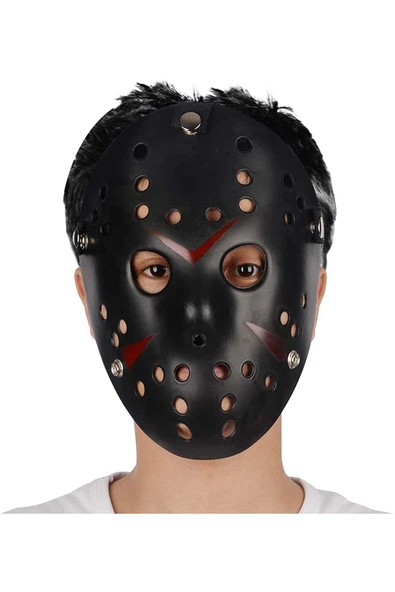KUZGUN ONLİNE SHOP Siyah Renk Kırmızı Çizgili Tam Yüz Hokey Jason Maskesi Hannibal Maskesi (4767) - Lisinya