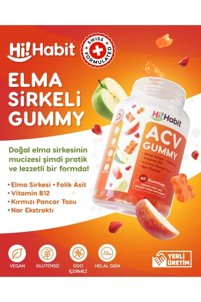 Hİ HABİT Elma Sirkeli Gummy Folik Asit Içeren Sindirim Ve Enerji Desteği Takviye Edici Gıda Vegan Gummies - 2