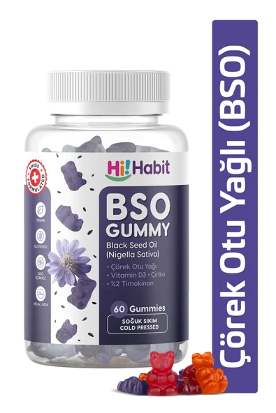 Hİ HABİT Çörek Otu Yağlı Gummy Soğuk Sıkım, D3 ve Çinko İçeren Vegan Gummies