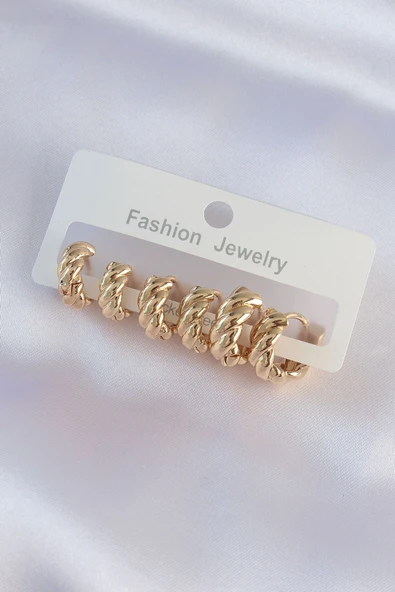 KUZGUN ONLİNE SHOP Pirinç Gold Renk Minimal Tırtıklı Küpe Seti - Lisinya