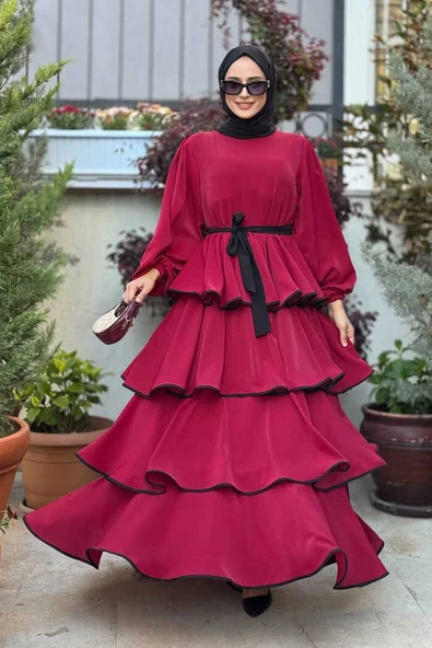 Bel Kuşaklı Kat Detay Elbise 6029 Bordo