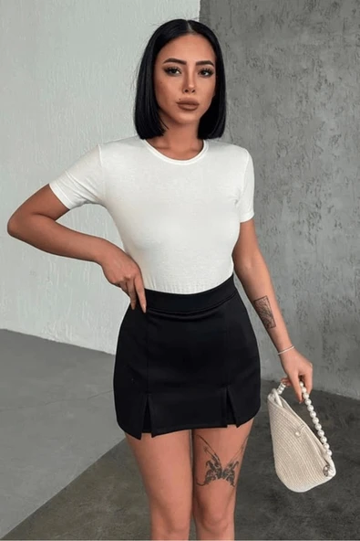 KUZGUN ONLİNE SHOP Rahat Ve Şık Kısa Kollu Bisiklet Yaka Likralı Viskon Penye Body Ekru ( Lisinya )