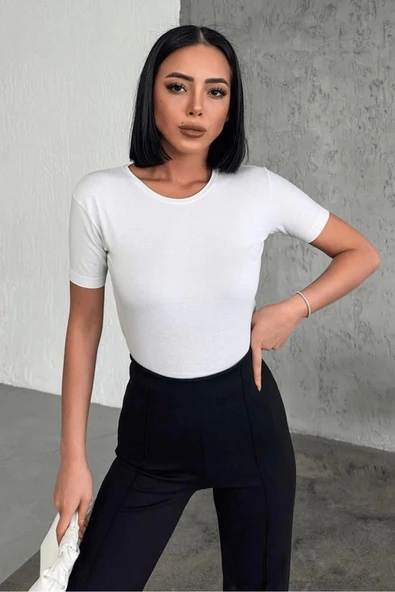 KUZGUN ONLİNE SHOP Rahat Ve Şık Kısa Kollu Bisiklet Yaka Likralı Viskon Penye Body Beyaz ( Lisinya )