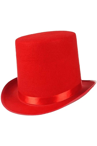 KUZGUN ONLİNE SHOP Yetişkinler İçin Kırmızı Renk Ringmaster Sihirbaz Şapkası Fötr Şapka 15 Cm - Lisinya