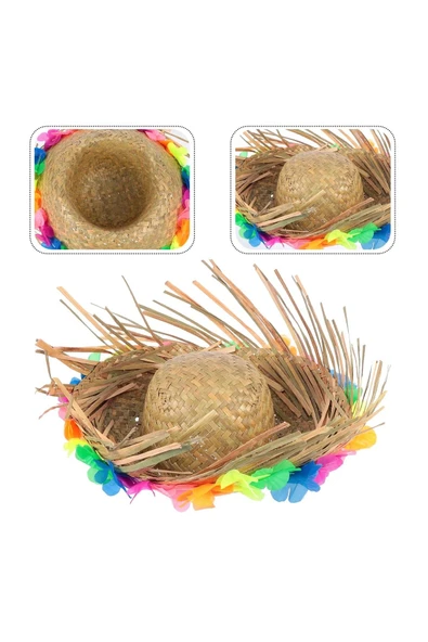 KUZGUN ONLİNE SHOP Naturel Renk Püsküllü Örme Hasır Hawaii Luau Aloha Şapka 13x36 cm