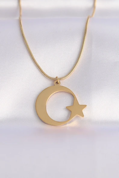 KUZGUN ONLİNE SHOP 316L Çelik Zincir Gold Renk Ay Yıldız Unisex Kolye - Lisinya