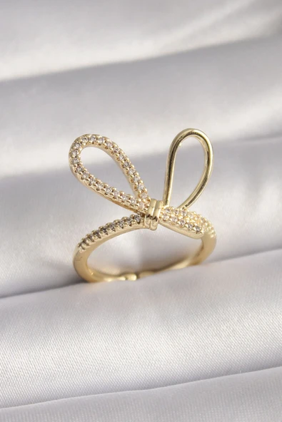 KUZGUN ONLİNE SHOP Gold Renk Zirkon Taşlı Düğüm Model Kadın Yüzük - Lisinya