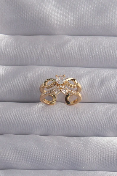 KUZGUN ONLİNE SHOP Pirinç Ayarlamalı Gold Renk Zirkon Taşlı 2li Görünüm Fiyonk Yüzük - Lisinya - 1