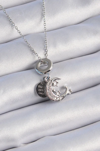 KUZGUN ONLİNE SHOP 316L Çelik Gümüş Renk Zirkon Taşlı Ay Yıldız Figür Charm Model Kadın Kolye - Lisinya