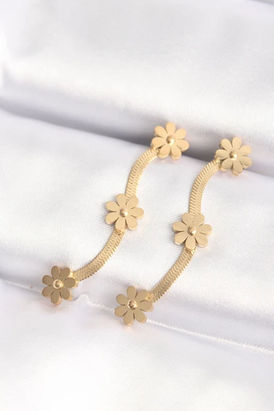 KUZGUN ONLİNE SHOP 316L Çelik Gold Renk İtalyan Zincir Papatya Küpe - Lisinya