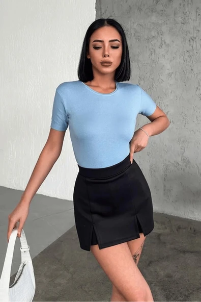 KUZGUN ONLİNE SHOP Rahat Ve Şık Kısa Kollu Bisiklet Yaka Likralı Viskon Penye Body Bebe Mavisi ( Lisinya )