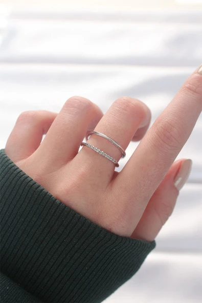 KUZGUN ONLİNE SHOP 2li Görünümlü Su Yolu Tasarımlı Silver Renk Ayarlanabilir Yüzük - Lisinya