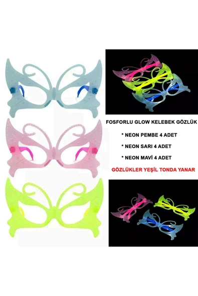 KUZGUN ONLİNE SHOP Fosforlu Kelebek Model Glow Parti Gözlüğü Karanlıkta Yanan Gözlükler 12 Adet