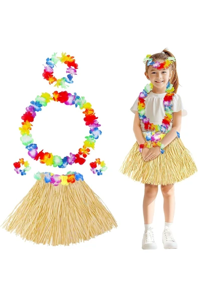 KUZGUN ONLİNE SHOP Yetişkin Çocuk Hawaii Parti Seti - 40 Cm Naturel Etek + Çiçek Aksesuarlar (5 Parça) - Lisinya