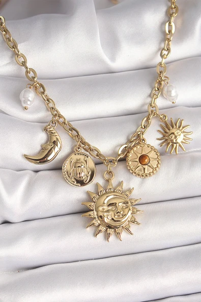 KUZGUN ONLİNE SHOP 316L Çelik Gold Renk Ay Güneş Model İnci Detay Kadın Kadın Kolye