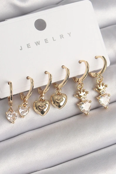KUZGUN ONLİNE SHOP Pirinç Gold Renk Sallantı Zirkon Taşlı Kalp Model Taç Detay Kadın Küpe Seti - Lisinya