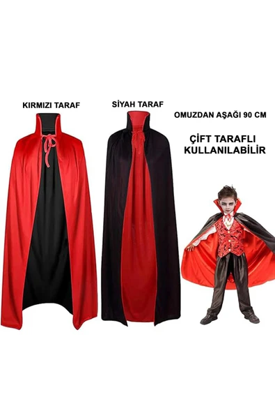 KUZGUN ONLİNE SHOP Çift Taraflı Kullanılabilir Siyah Kırmızı Yakalı Pelerin 90 cm Çocuk - 1