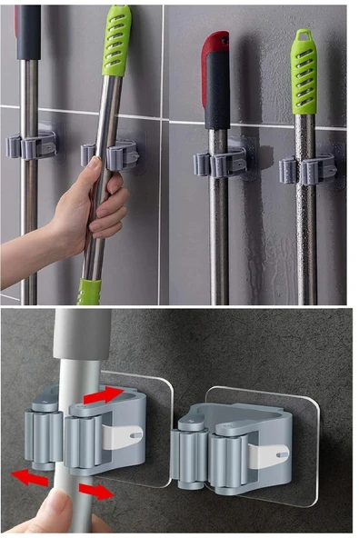 KUZGUN ONLİNE SHOP 3 Lü Renkli Yapışkanlı Mop Fırça Çek pas Sap Tutucu Organizer Mutfak Banyo Düzenleyici