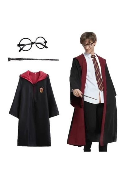 KUZGUN ONLİNE SHOP Harry Potter Gryffindor Kapişonlu Çocuk Kostüm + Asa + Gözlük Seti 7-8 Yaş (4767) - Lisinya