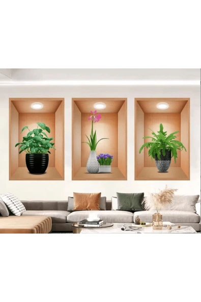 KUZGUN ONLİNE SHOP Pratik 3d Çiçek Vazo Duvar Sticker 3 Lü Set Kahverengi Fon ( Lisinya )